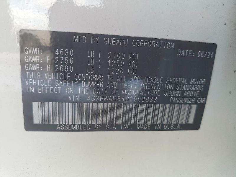 69398846 :رقم المزاد ، 4S3BWAD64S3002833 vin ، 2025 Subaru Legacy مزاد بيع
