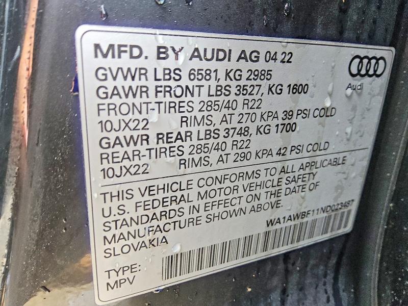 Продаж на аукціоні авто 2022 Audi Sq8, vin: WA1AWBF11ND023487, номер лоту: 64840886