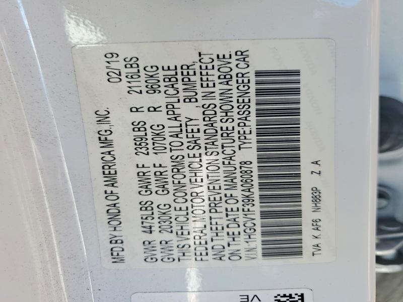 Продаж на аукціоні авто 2019 Honda Accord, vin: 1HGCV1F39KA060878, номер лоту: 68186776