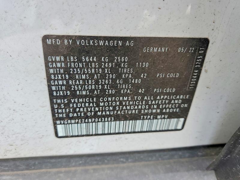 Aukcja sprzedaży 2022 Volkswagen Id.4, vin: WVGRMPE24NP043863, numer aukcji: 69888176