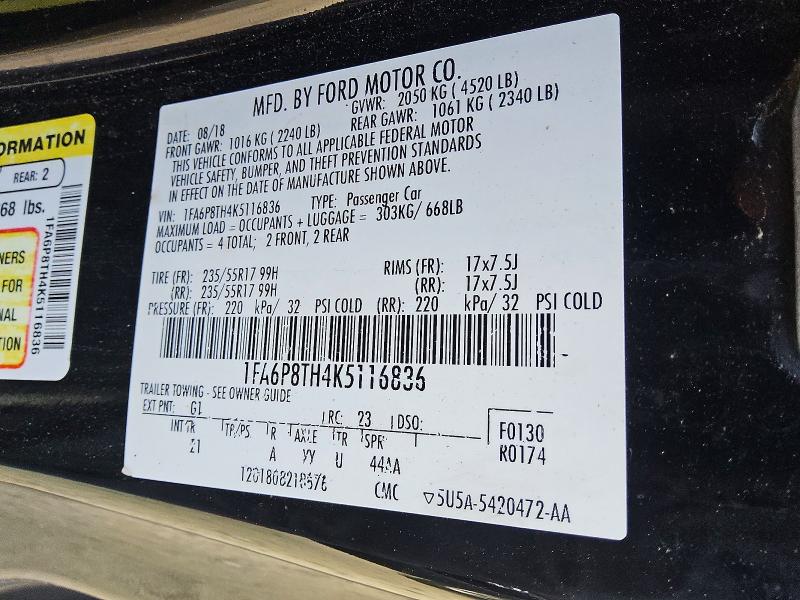 2019 Ford Mustang მანქანა იყიდება აუქციონზე, vin: 1FA6P8TH4K5116836, აუქციონის ნომერი: 65413766