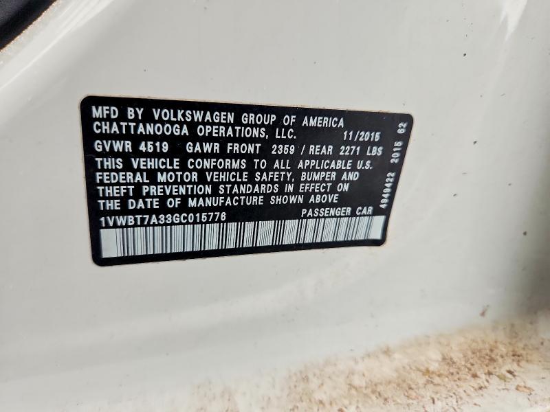 68433496 :رقم المزاد ، 1VWBT7A33GC015776 vin ، 2016 Volkswagen Passat مزاد بيع