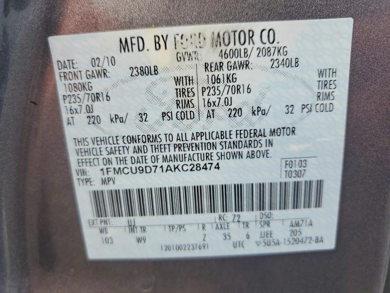 2010 Ford Escape მანქანა იყიდება აუქციონზე, vin: 1FMCU9D71AKC28474, აუქციონის ნომერი: 66584006