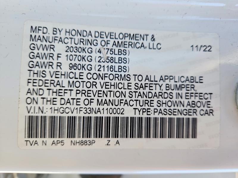 68072736 :رقم المزاد ، 1HGCV1F33NA110002 vin ، 2022 Honda Accord مزاد بيع