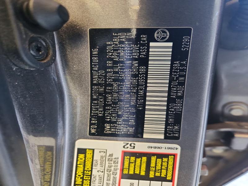 2020 Toyota Camry მანქანა იყიდება აუქციონზე, vin: 4T1G11AK3LU955188, აუქციონის ნომერი: 68285876