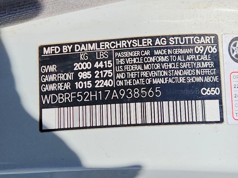 Aukcja sprzedaży 2007 Mercedes-benz C, vin: WDBRF52H17A938565, numer aukcji: 66506386