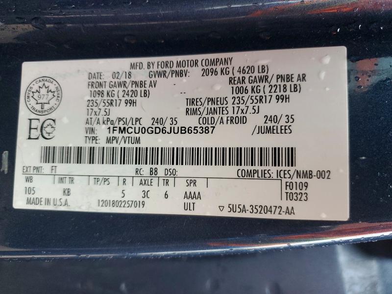 Aukcja sprzedaży 2018 Ford Escape, vin: 1FMCU0GD6JUB65387, numer aukcji: 68394426