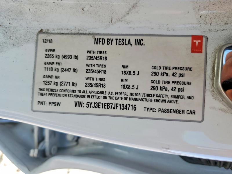 Продажа на аукционе авто 2018 Tesla Model 3, vin: 5YJ3E1EB7JF134716, номер лота: 69795986