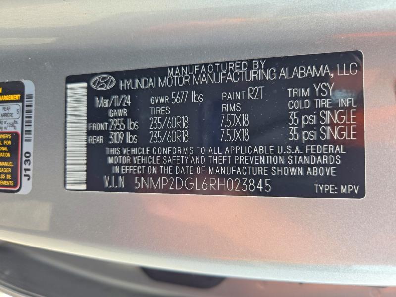 2024 Hyundai Santa Fe მანქანა იყიდება აუქციონზე, vin: 5NMP2DGL6RH023845, აუქციონის ნომერი: 71096836