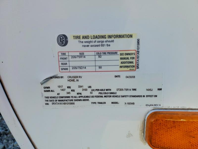 66142306 :رقم المزاد ، 5RXTA161X81015866 vin ، 2008 Cruiser Fun Finder مزاد بيع