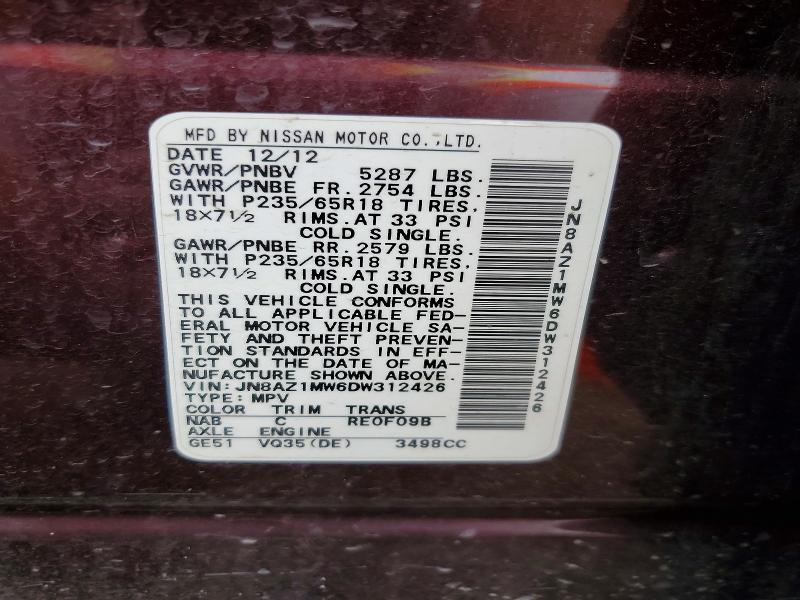 2013 Nissan Murano მანქანა იყიდება აუქციონზე, vin: JN8AZ1MW6DW312426, აუქციონის ნომერი: 69087066