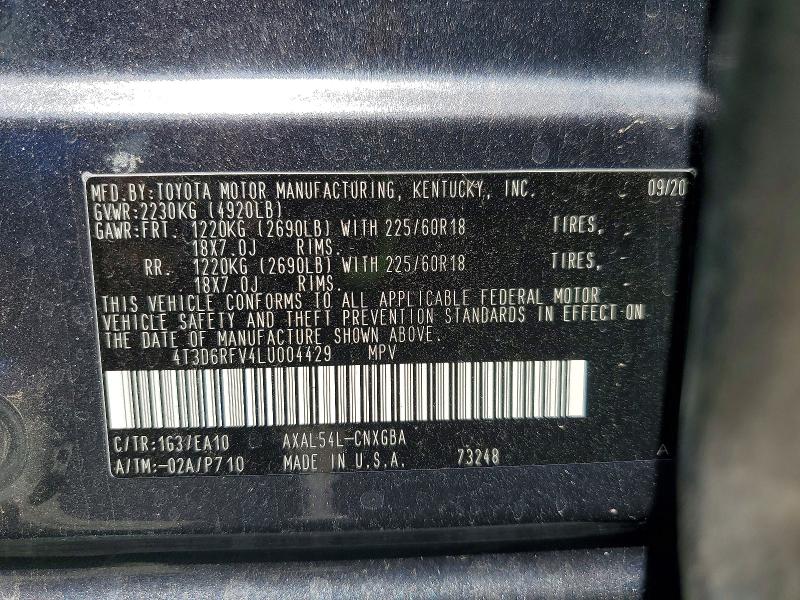 67190296 :رقم المزاد ، 4T3D6RFV4LU004429 vin ، 2020 Toyota Rav4 مزاد بيع