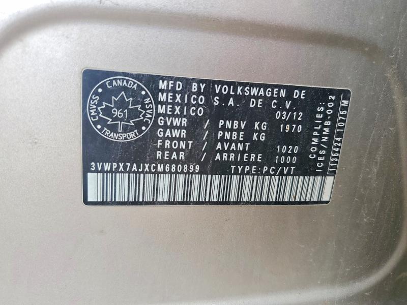 Aukcja sprzedaży 2012 Volkswagen Jetta, vin: 3VWPX7AJXCM680899, numer aukcji: 67892476