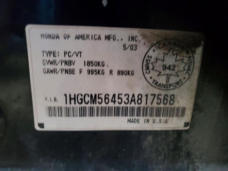 Aukcja sprzedaży 2003 Honda Accord, vin: 1HGCM56453A817568, numer aukcji: 68218846