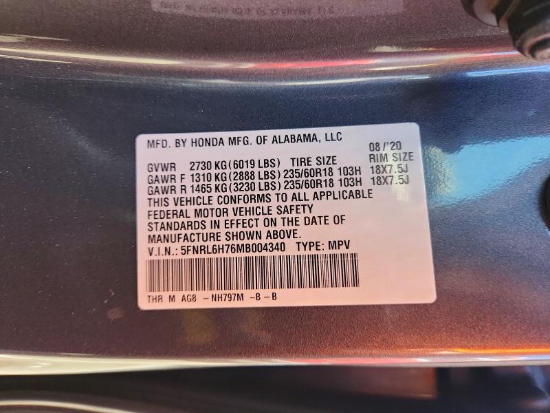 2021 Honda Odyssey მანქანა იყიდება აუქციონზე, vin: 5FNRL6H76MB004340, აუქციონის ნომერი: 67368136