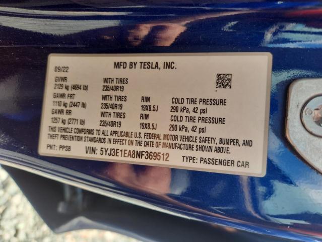 67520676 :رقم المزاد ، 5YJ3E1EA8NF369512 vin ، 2022 Tesla Model 3 مزاد بيع