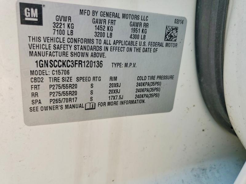 2015 Chevrolet Tahoe მანქანა იყიდება აუქციონზე, vin: 1GNSCCKC3FR120136, აუქციონის ნომერი: 69288506