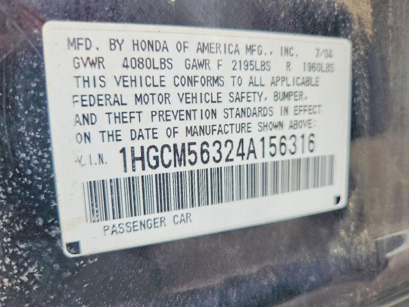 Продажа на аукционе авто 2004 Honda Accord, vin: 1HGCM56324A156316, номер лота: 70025816