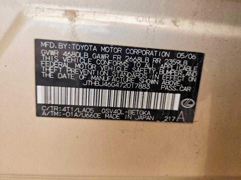 Aukcja sprzedaży 2007 Lexus Es, vin: JTHBJ46G472017883, numer aukcji: 69229946