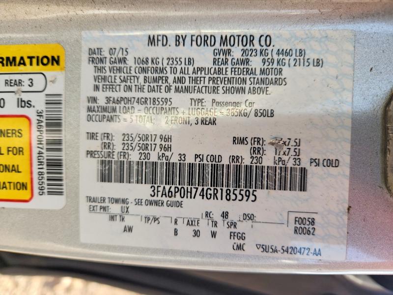 2016 Ford Fusion მანქანა იყიდება აუქციონზე, vin: 3FA6P0H74GR185595, აუქციონის ნომერი: 68518336