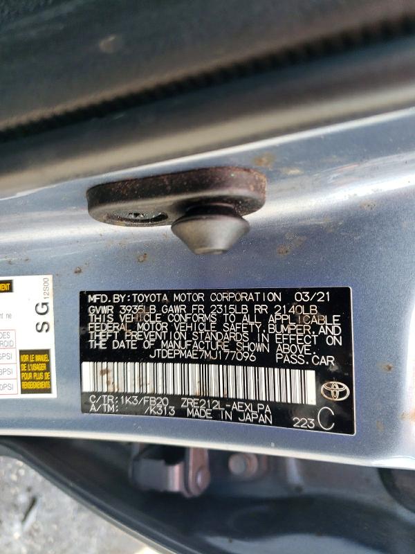 2021 Toyota Corolla მანქანა იყიდება აუქციონზე, vin: JTDEPMAE7MJ177096, აუქციონის ნომერი: 67634216