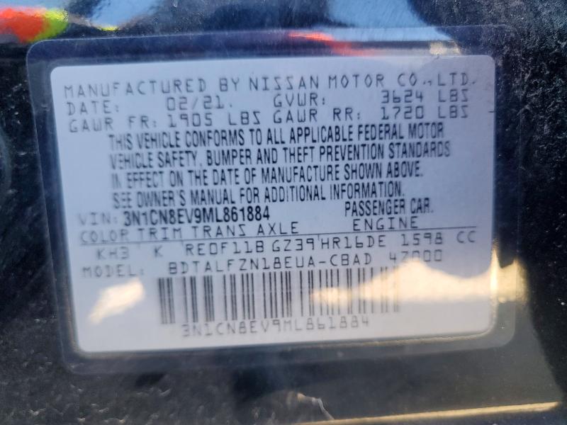 2021 Nissan Versa მანქანა იყიდება აუქციონზე, vin: 3N1CN8EV9ML861884, აუქციონის ნომერი: 67802026