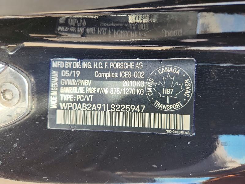 2020 Porsche 911 მანქანა იყიდება აუქციონზე, vin: WP0AB2A91LS225947, აუქციონის ნომერი: 68078586