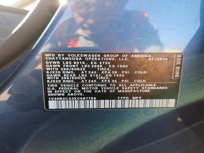 69308456 :رقم المزاد ، 1V2UR2CA2KC587759 vin ، 2019 Volkswagen Atlas مزاد بيع