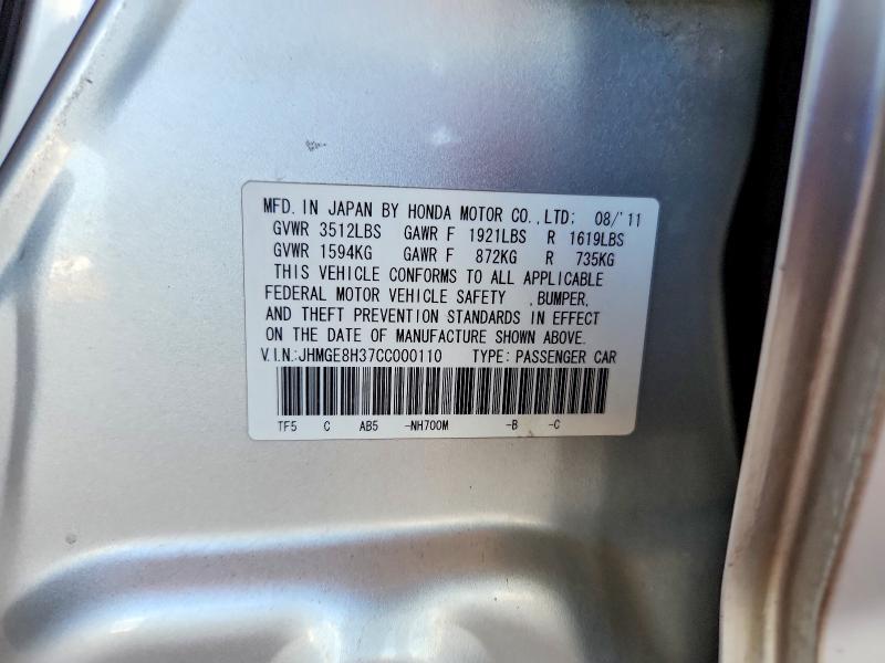 Продаж на аукціоні авто 2012 Honda Fit, vin: JHMGE8H37CC000110, номер лоту: 67474446