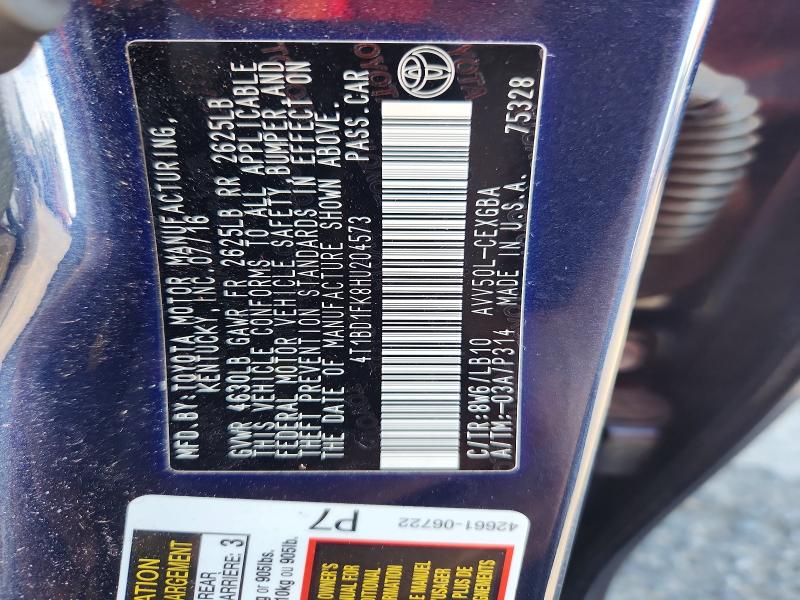 68446996 :رقم المزاد ، 4T1BD1FK8HU204573 vin ، 2017 Toyota Camry Hybrid مزاد بيع