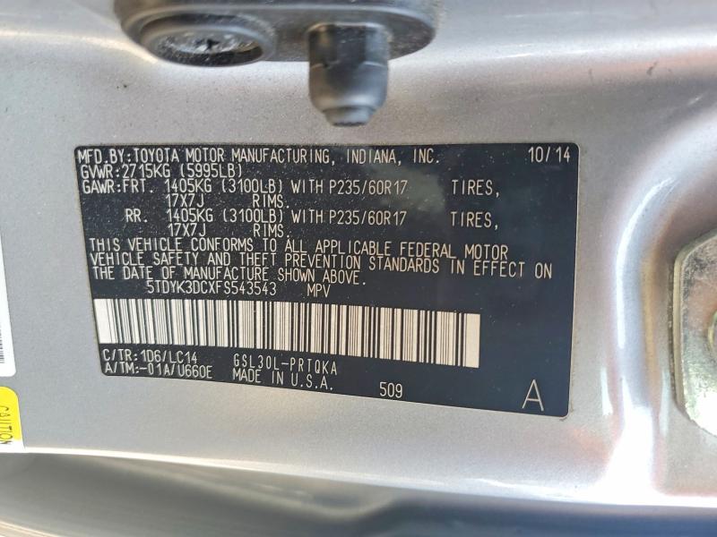 Aukcja sprzedaży 2015 Toyota Sienna, vin: 5TDYK3DCXFS543543, numer aukcji: 69804756
