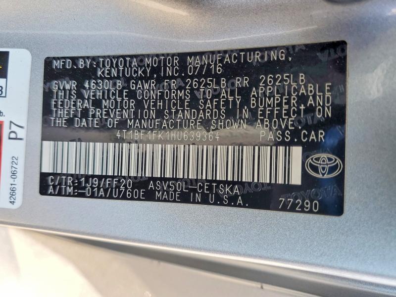 2017 Toyota Camry მანქანა იყიდება აუქციონზე, vin: 4T1BF1FK1HU639364, აუქციონის ნომერი: 68944996