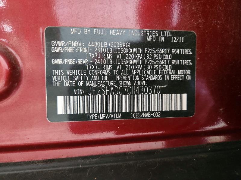 68184416 :رقم المزاد ، JF2SHADC7CH430370 vin ، 2012 Subaru Forester مزاد بيع
