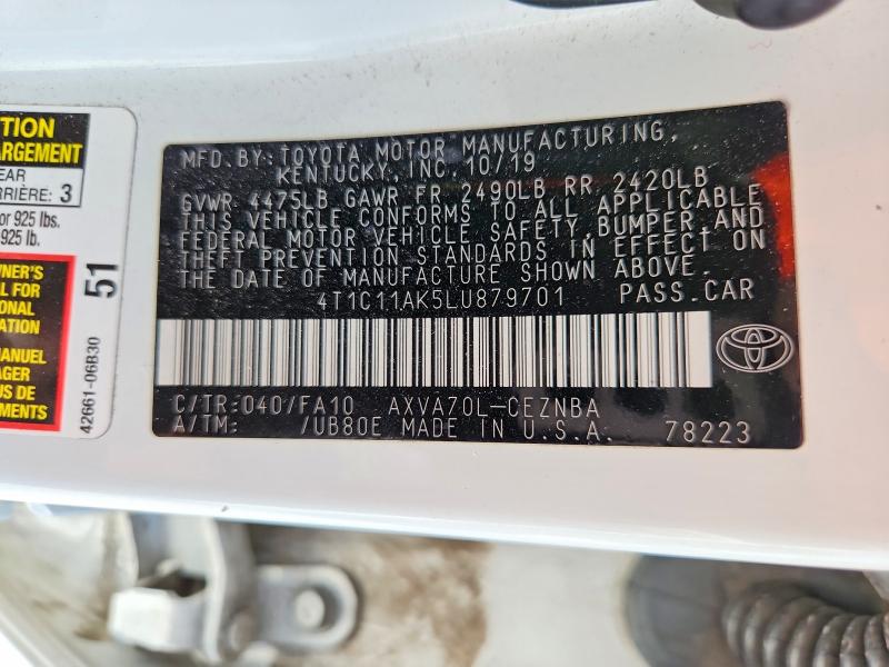 2020 Toyota Camry მანქანა იყიდება აუქციონზე, vin: 4T1C11AK5LU879701, აუქციონის ნომერი: 67672426
