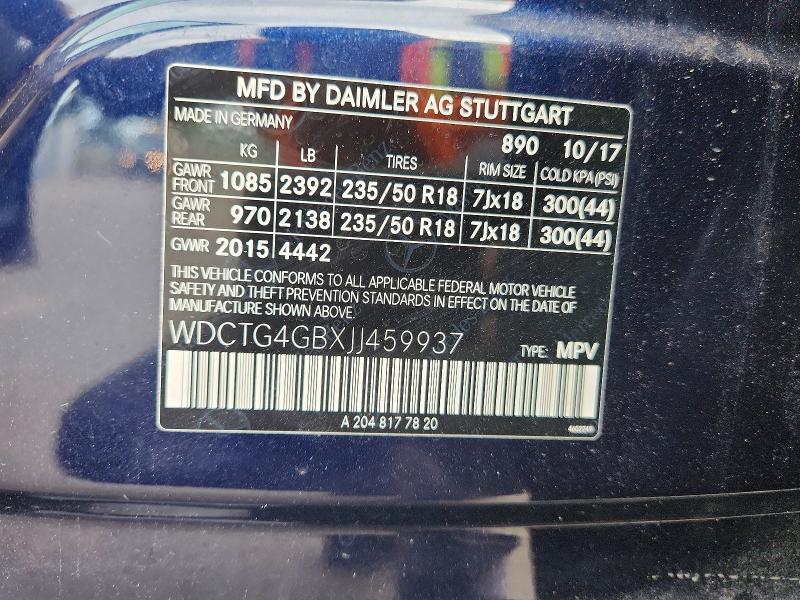68979146 :رقم المزاد ، WDCTG4GBXJJ459937 vin ، 2018 Mercedes-benz Gla مزاد بيع