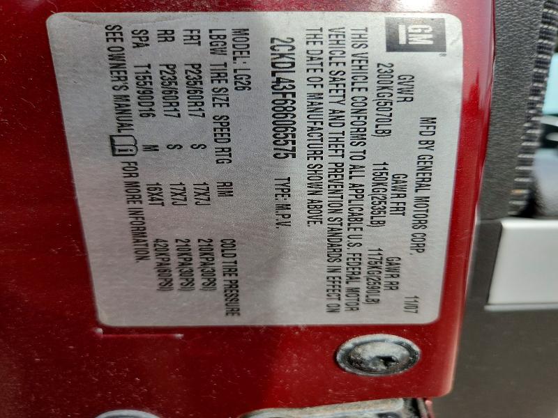 68303026 :رقم المزاد ، 2CKDL43F686065575 vin ، 2008 Pontiac Torrent مزاد بيع