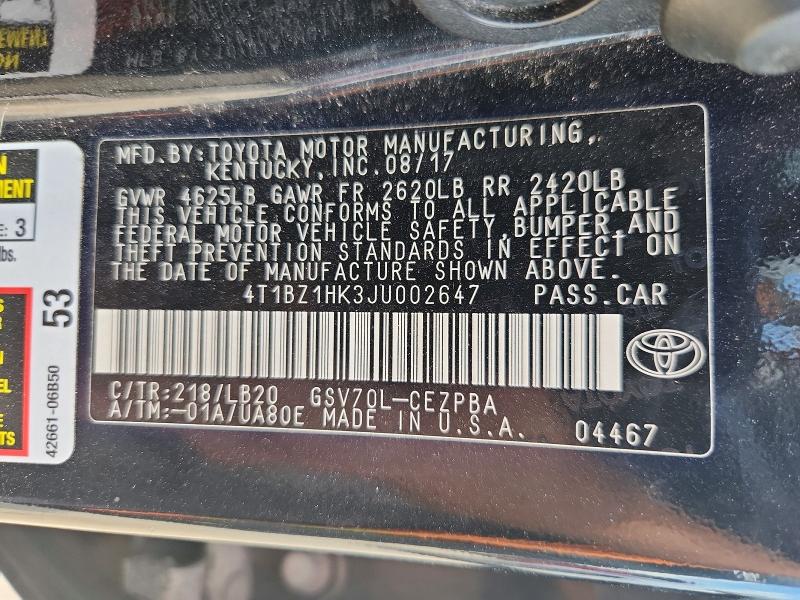 2018 Toyota Camry მანქანა იყიდება აუქციონზე, vin: 4T1BZ1HK3JU002647, აუქციონის ნომერი: 67315036