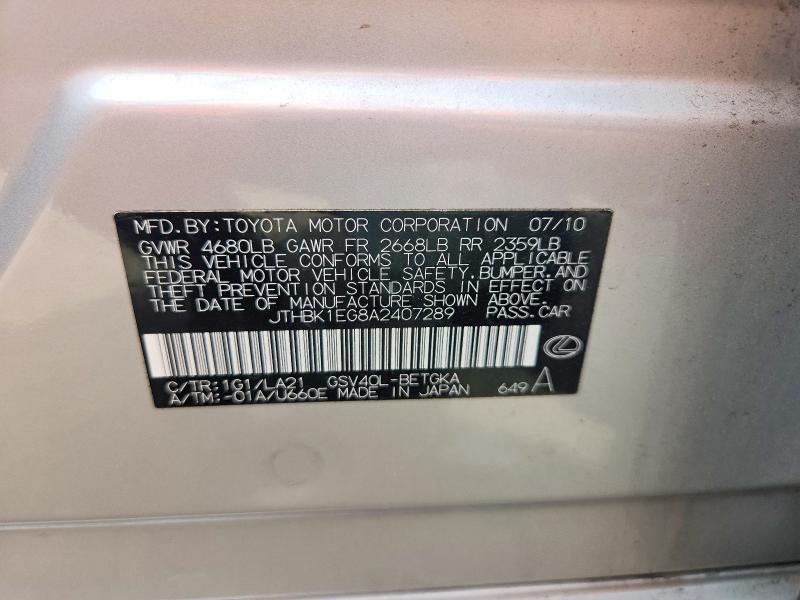 Aukcja sprzedaży 2010 Lexus Es, vin: JTHBK1EG8A2407289, numer aukcji: 67880876