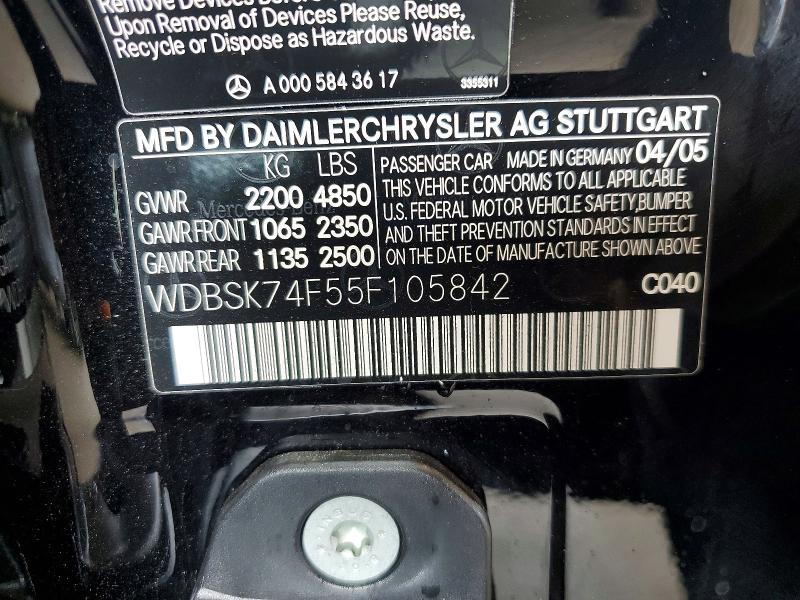 68206706 :رقم المزاد ، WDBSK74F55F105842 vin ، 2005 Mercedes-benz Sl مزاد بيع