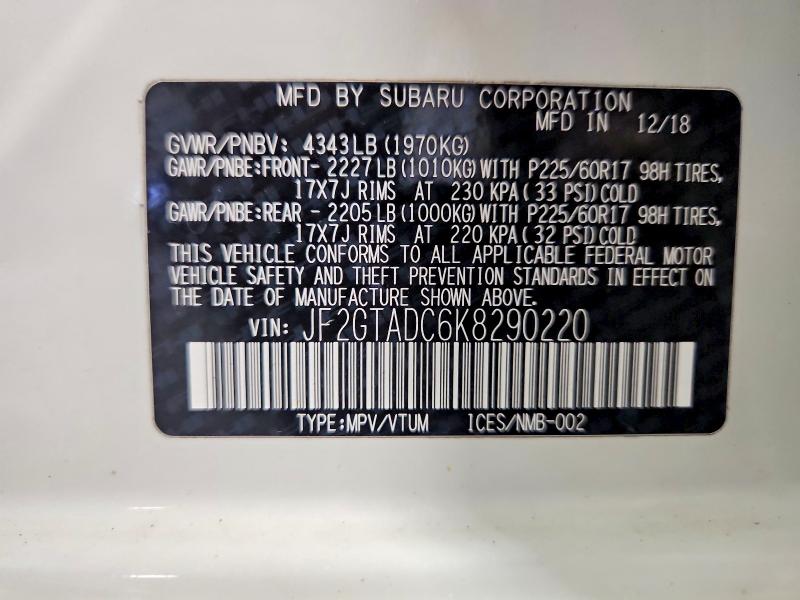 70626976 :رقم المزاد ، JF2GTADC6K8290220 vin ، 2019 Subaru Crosstrek مزاد بيع