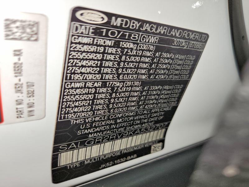 Aukcja sprzedaży 2019 Land Rover Range Rover, vin: SALGR2RV9KA532707, numer aukcji: 69451426