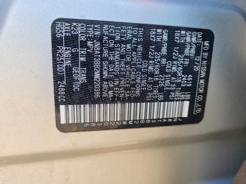 70440816 :رقم المزاد ، JN8AT3BB2MW220386 vin ، 2021 Nissan Rogue مزاد بيع