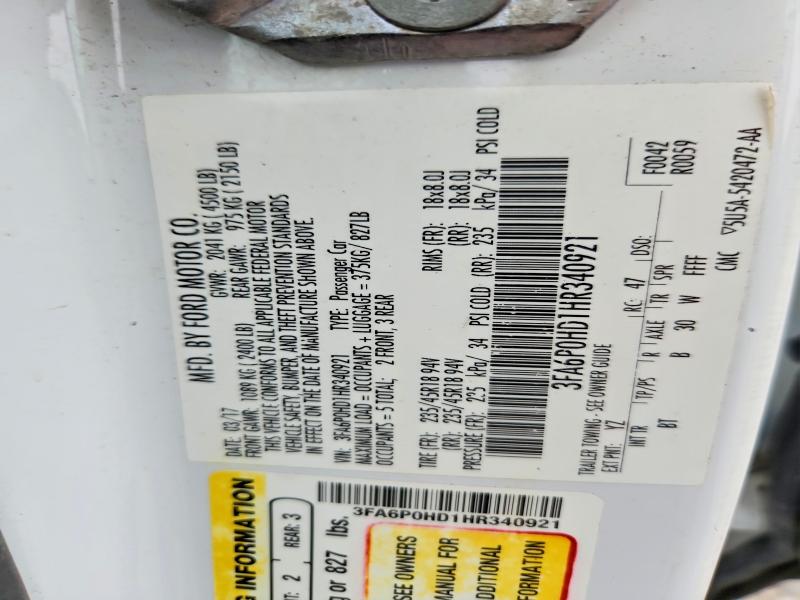 2017 Ford Fusion მანქანა იყიდება აუქციონზე, vin: 3FA6P0HD1HR340921, აუქციონის ნომერი: 69684076