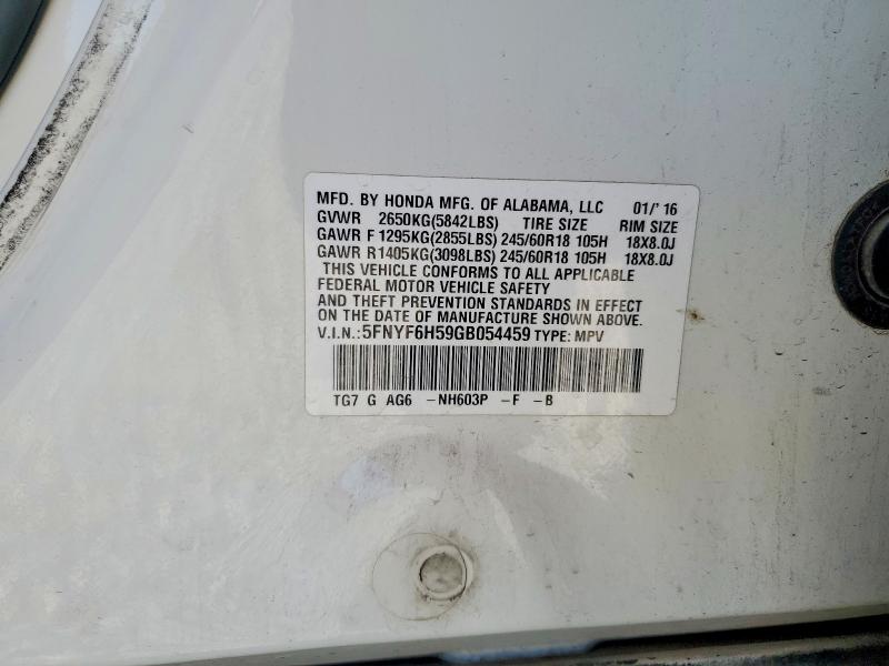 2016 Honda Pilot მანქანა იყიდება აუქციონზე, vin: 5FNYF6H59GB054459, აუქციონის ნომერი: 67702826