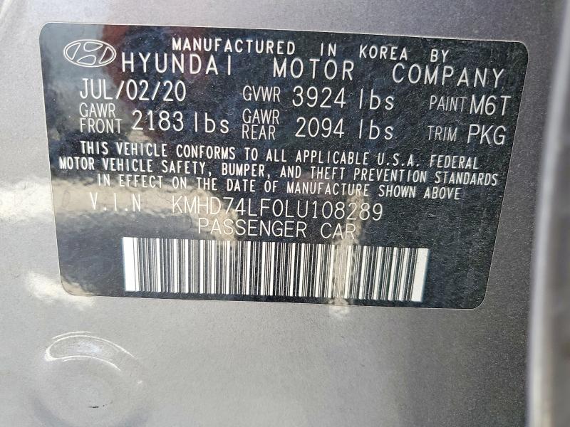 2020 Hyundai Elantra მანქანა იყიდება აუქციონზე, vin: KMHD74LF0LU108289, აუქციონის ნომერი: 70373846