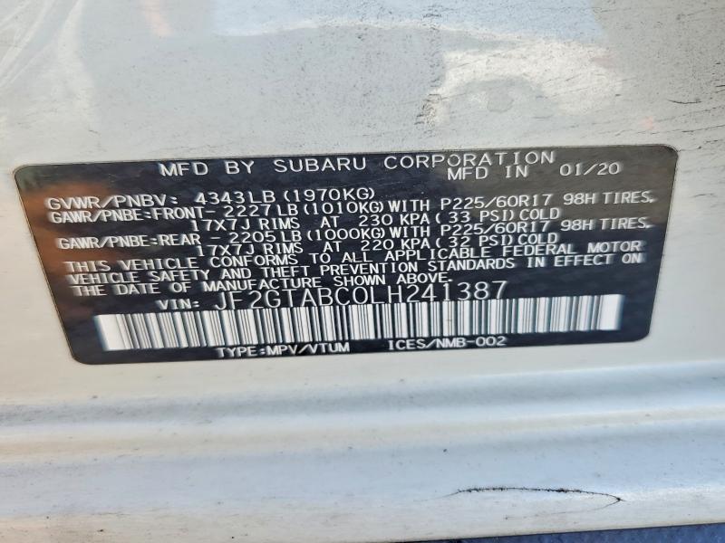 2020 Subaru Crosstrek მანქანა იყიდება აუქციონზე, vin: JF2GTABC0LH241387, აუქციონის ნომერი: 68934576
