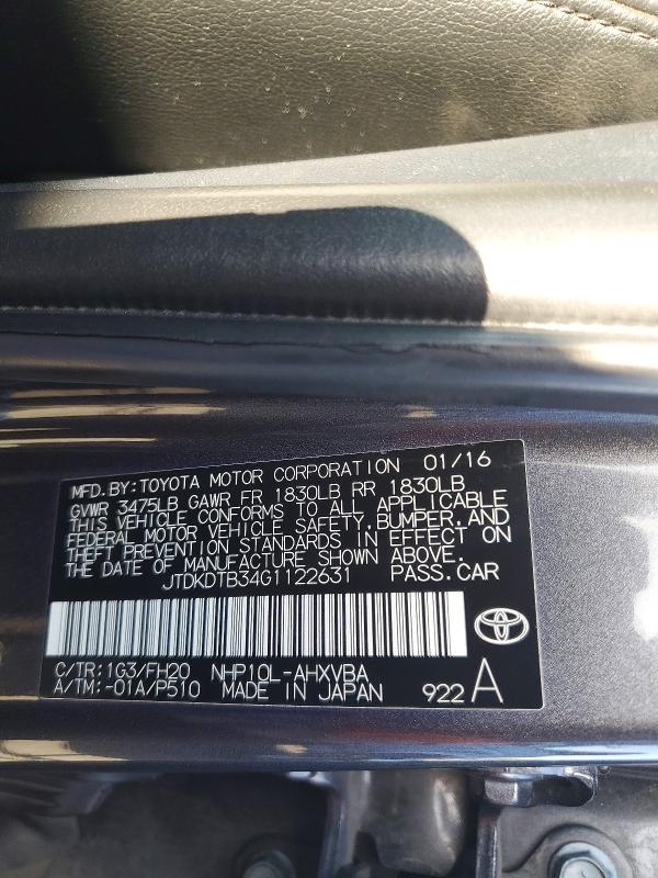 2016 Toyota Prius C მანქანა იყიდება აუქციონზე, vin: JTDKDTB34G1122631, აუქციონის ნომერი: 70382206