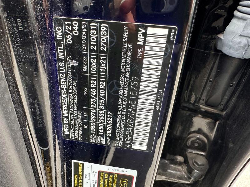 Aukcja sprzedaży 2021 Mercedes-benz Gle, vin: 4JGFB4KB7MA515759, numer aukcji: 66055346