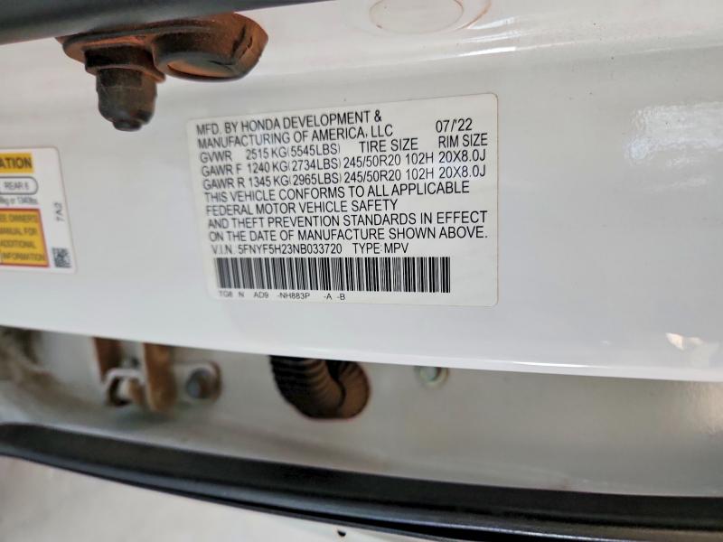 Продажа на аукционе авто 2022 Honda Pilot, vin: 5FNYF5H23NB033720, номер лота: 66655246