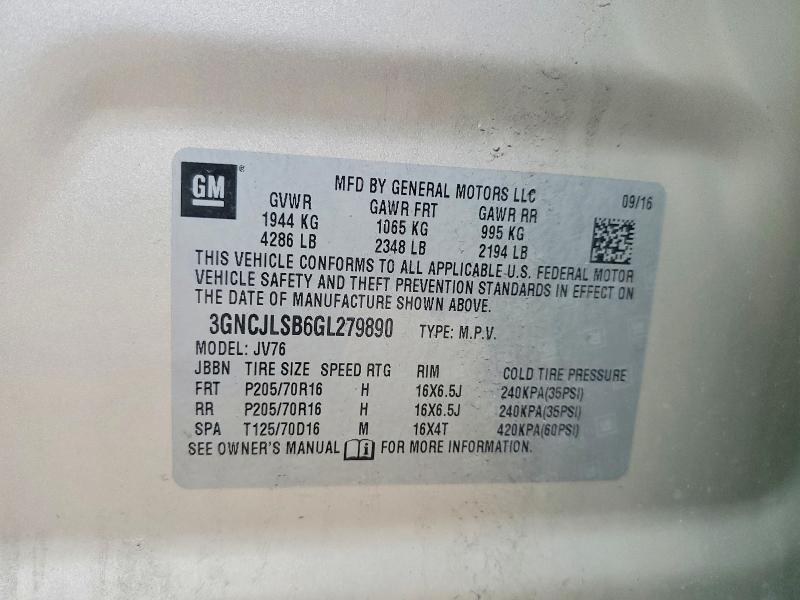 69182176 :رقم المزاد ، 3GNCJLSB6GL279890 vin ، 2016 Chevrolet Trax مزاد بيع